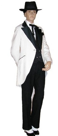 Costume rental includes: White cutaway jacket with black satin lapels, vest, pants, shirt, tie, hanky, hat, watch chain, shoes, spats